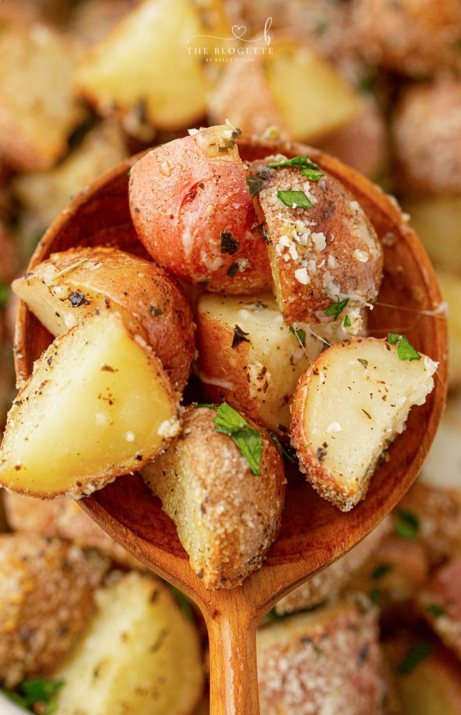 Crisp and tender Garlic Parmesan Roasted Potatoes are the perfect side for so many of your meals!