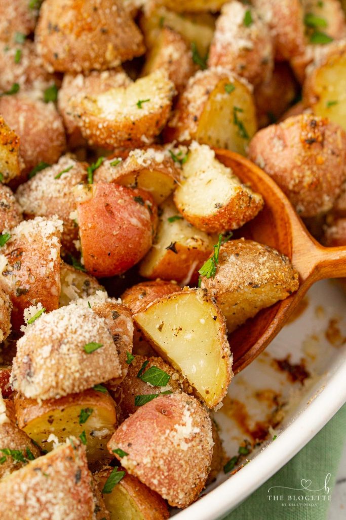 Crisp and tender Garlic Parmesan Roasted Potatoes are the perfect side for so many of your meals! 