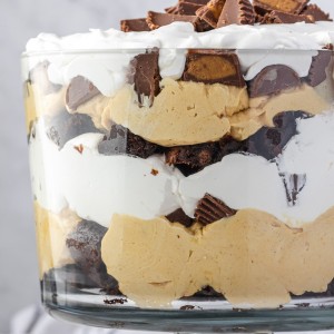 The BEST Peanut Butter Brownie Trifle recipe ever! Decadent layers of fudgy brownies and creamy peanut butter pudding studded with Reese’s peanut butter cups and topped with fluffy whipped cream.