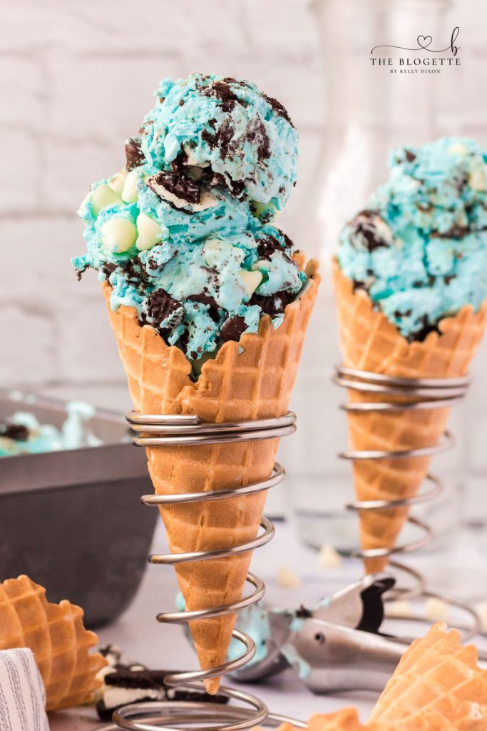 Cookie Monster Ice Cream recipe is a cookie lover's dream! This cold, blue, vanilla ice cream is loaded with cookies and chocolate chips!
