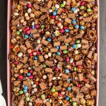 Halloween Snack Mix is chocolate caramel popcorn combined with tasty Halloween treats and salty pretzels. A Halloween party treat!