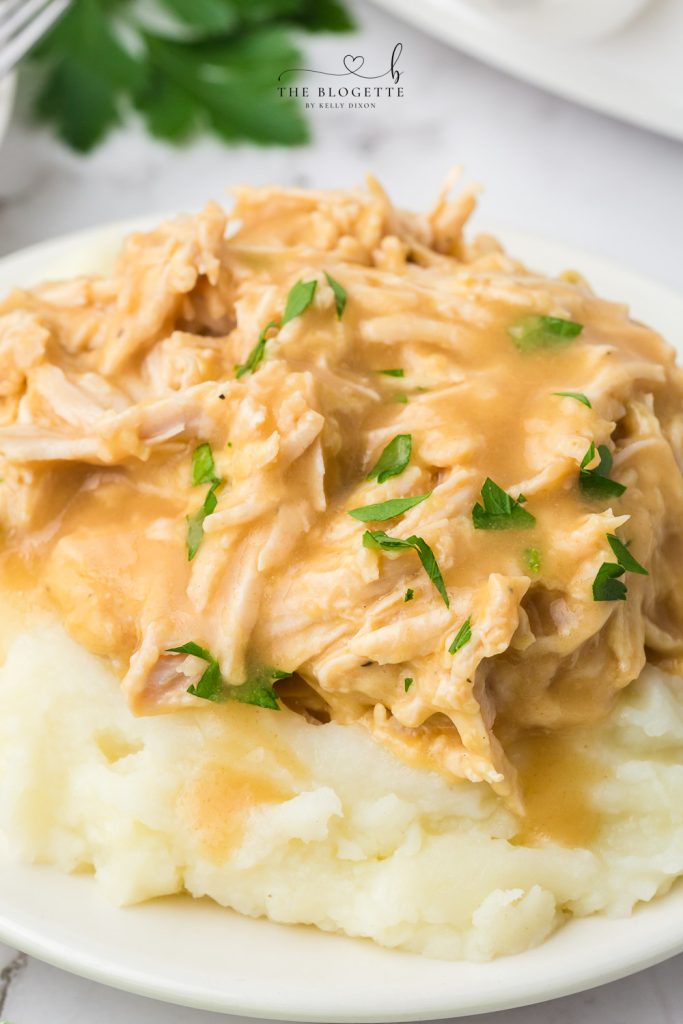 Shredded Crock Pot Turkey Breasts in a delicious gravy! This slow cooker turkey recipe is the easiest and tastiest way to cook a turkey breast. No need for a big turkey at Thanksgiving? Try this! A great dish to celebrate the holidays.
