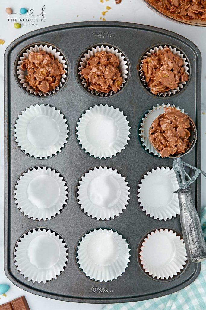 Chocolate covered cornflakes in cupcake liners