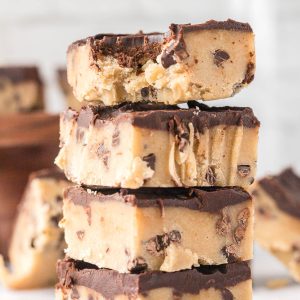 No-Bake Chocolate Chip Cookie Bars are irresistible, fun to make, and safe to eat! Simply put the bars in the refrigerator, chill, and enjoy!