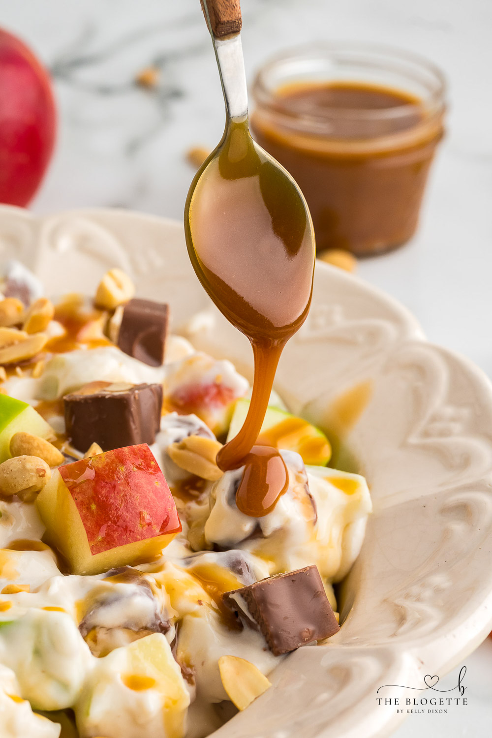 Caramel drizzled over apple salad