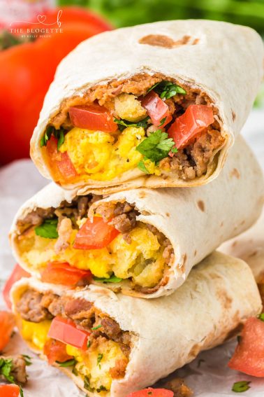 These delicious, hearty breakfast burritos are easy to scarf down! They are great for meal-prep to freeze and bake later.