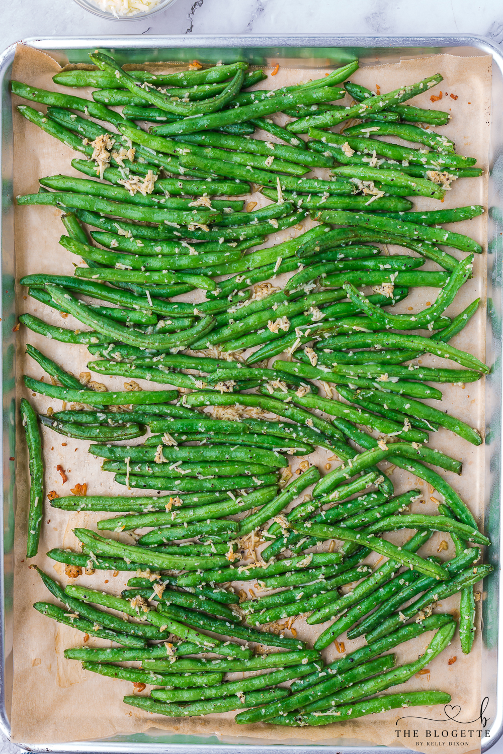 Green beans on baking sheet