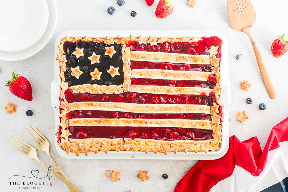An easy-to-make American Flag Pie made with strawberry and blueberry pie filling with a golden sugared pie crust. A 4th of July Dessert!