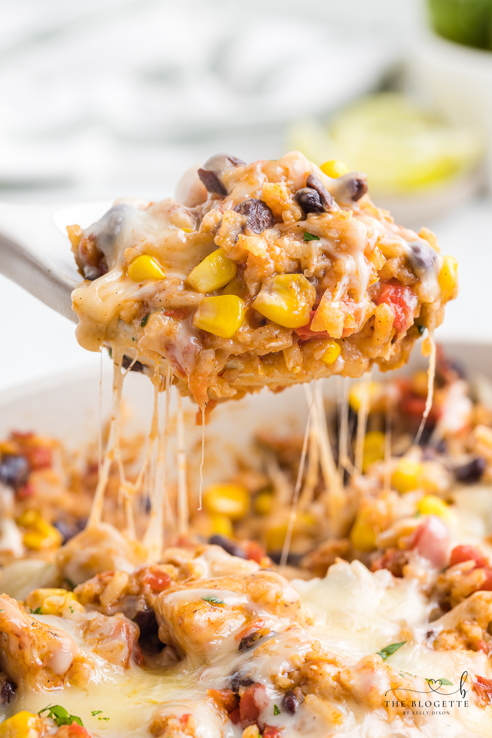 One-pan Tex Mex Chicken and Rice packed with chicken, rice, tomatoes, beans, corn, chilies, and ooey gooey melted cheese!