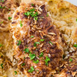 Forgotten Chicken Casserole is an easy chicken and rice bake made with cream soups and onion soup mix. A dump-and-bake dinner that’s comforting, family-friendly, and hands-off.