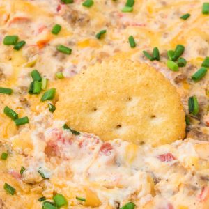 Hissy Fit Dip is the ultimate cheese and sausage dip loaded with cream cheese, Rotel, and melty shredded cheese. This easy appetizer recipe is perfect for game day, parties, and holidays.