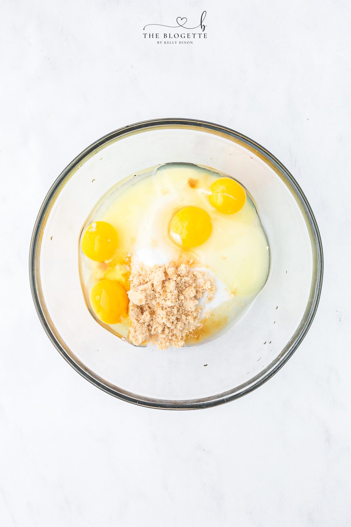 beat the eggs, granulated sugar, vanilla extract and brown sugar